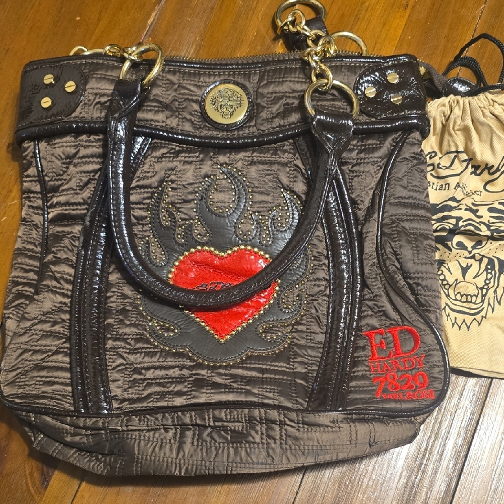 ED HARDY! Ed Hardy Black and Brown Shoulder Bag with Red Heart